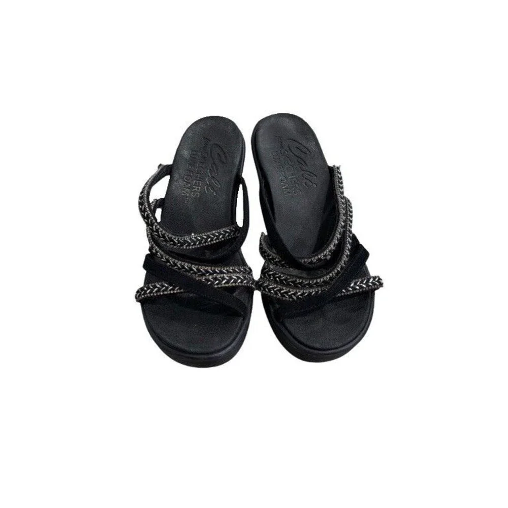 Skechers Cali Rumble On Night Out Comfort Strappy Wedge Vegan Black Sandals Sz 6